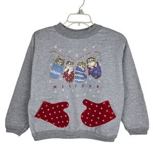 Vtg Artisans Kittens Mittens Pockets Sweatshirt Girls Sz L Gray Winter Snowflake